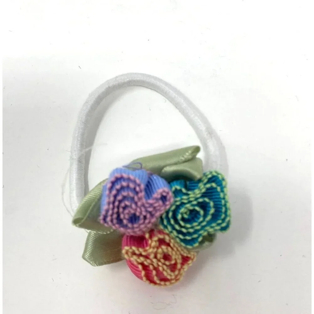 Trio Rosettes Pink Purple Blue Elastic Hair Tie Grosgrain Ribbon Kids Preowned